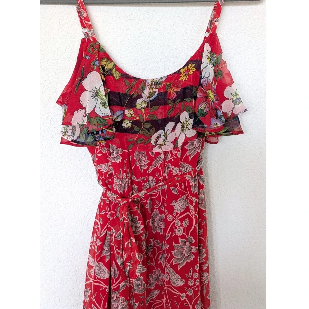 One September Anthropologie Red Floral Ruffle Maxi Dress Petite Small SP - Picture 5 of 9